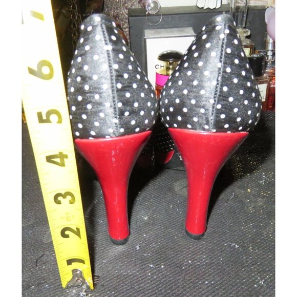 STEVE MADDEN Lexus Black & White Polka Dot Red Heels Retro Chic Peep Toe Heels - Picture 4 of 12